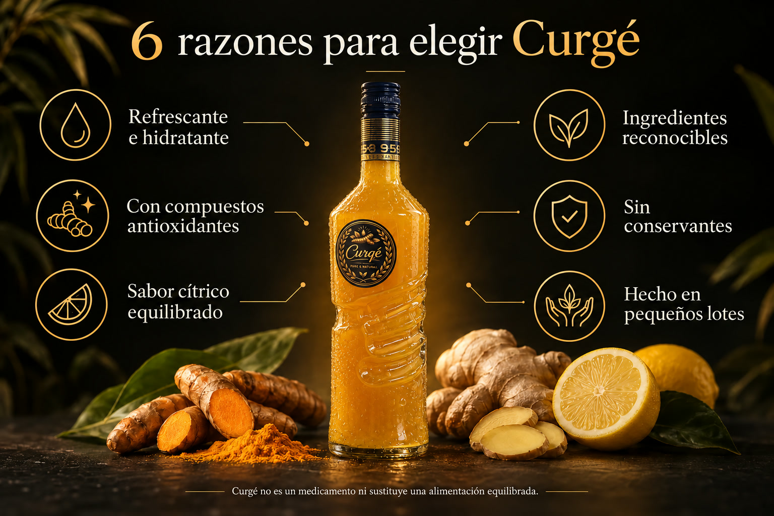 Seis razones para elegir Curgé: refrescante e hidratante, con compuestos antioxidantes, sabor cítrico equilibrado, ingredientes reconocibles, sin conservantes y hecho en pequeños lotes.